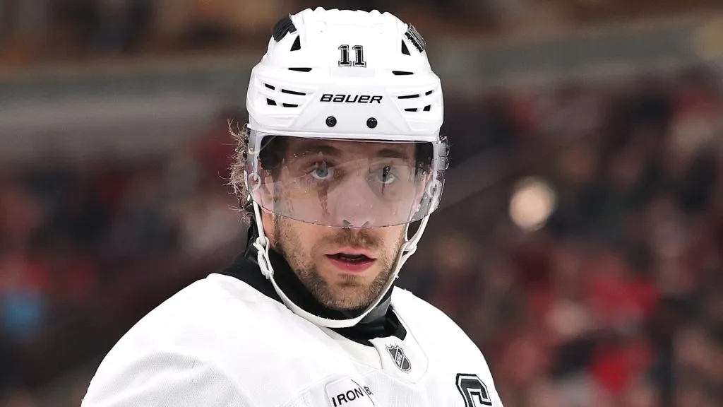 Anze Kopitar #11 of the Los Angeles Kings looks on against the Chicago Blackhawks during the first period at the United Center on March 03, 2025 in Chicago, Illinois.