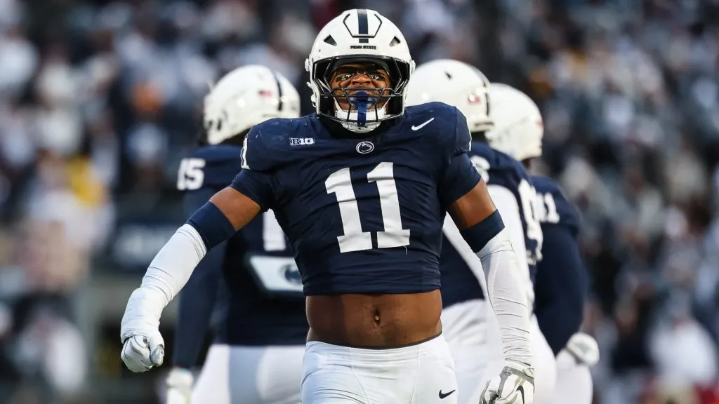 Abdul Carter #11 of the Penn State Nittany Lions celebrates after a sack against the Maryland Terrapins during the first half at Beaver Stadium on November 30, 2024. (Source: Scott Taetsch/Getty Images)