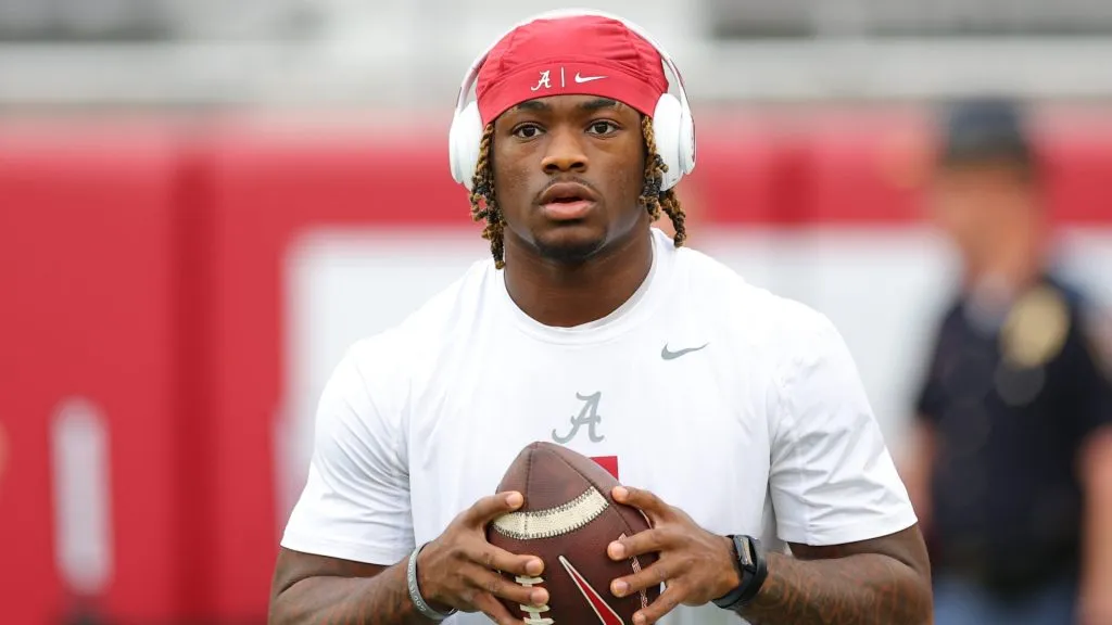 Jalen Milroe #4 of the Alabama Crimson Tide warms up before the game against the Georgia Bulldogs at Bryant-Denny Stadium on September 28, 2024. (Source: Kevin C. Cox/Getty Images)