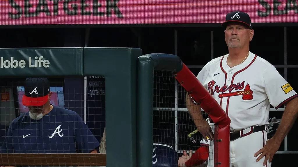 Brian Snitker #43 of the Atlanta Braves looks on after challenging the call on the field that Austin Riley #27 is out at first base in the eighth inning against the St. Louis Cardinals at Truist Park on April 21, 2025 in Atlanta, Georgia. (Photo by Kevin C. Cox/Getty Images)