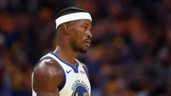 Jimmy Butler III #10 of the Golden State Warriors stands on the court during their game against the Memphis Grizzlies during the NBA play-in tournament game at Chase Center on April 15, 2025 in San Francisco, California.