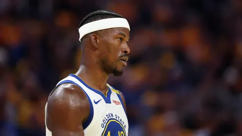 Jimmy Butler III #10 of the Golden State Warriors stands on the court during their game against the Memphis Grizzlies during the NBA play-in tournament game at Chase Center on April 15, 2025 in San Francisco, California.