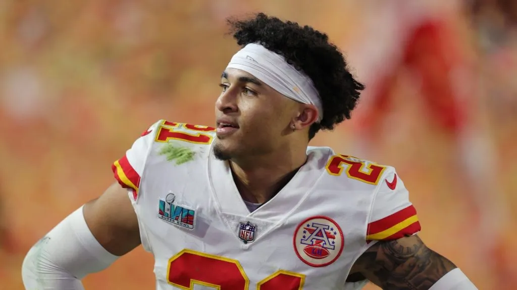 Trent McDuffie #21 of the Kansas City Chiefs celebrates after defeating the Philadelphia Eagles 38-35 in Super Bowl LVII at State Farm Stadium on February 12, 2023 in Glendale, Arizona.