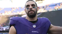 Mark Andrews #89 of the Baltimore Ravens celebrates a win over the Seattle Seahawks at M&T Bank Stadium on November 05, 2023 in Baltimore, Maryland.