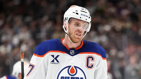 Connor McDavid #97 of the Edmonton Oilers reacts against the Los Angeles Kings during the third period in Game One of the First Round of the 2025 Stanley Cup Playoffs at Crypto.com Arena on April 21, 2025 in Los Angeles, California.