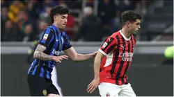 Christian Pulisic of AC Milan gets past Alessandro Bastoni of Inter