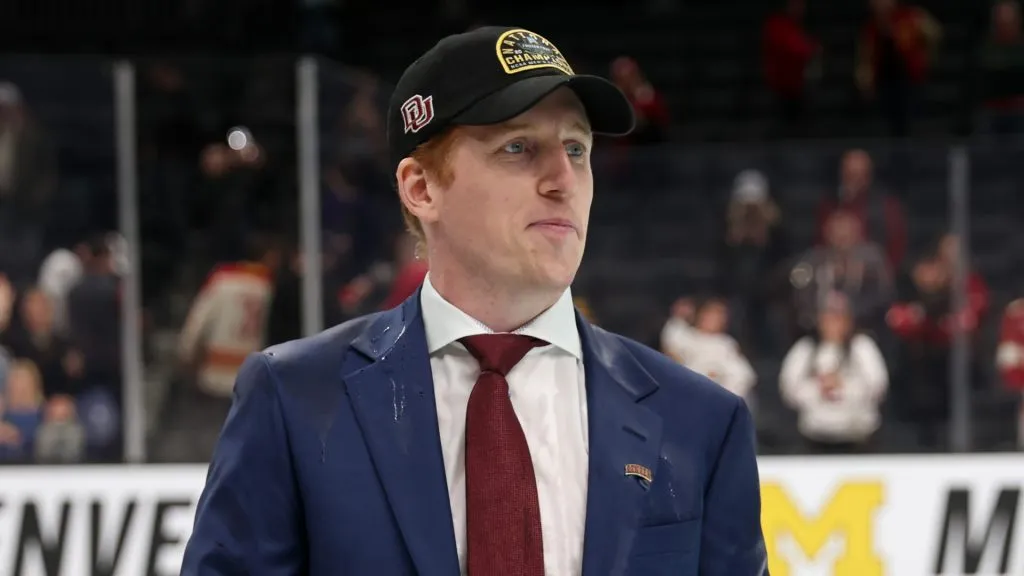 Denver Pioneers Head Coach David Carle looks on after the Pioneers defeat the Minnesota State Mavericks 5-1 in the 2022 NCAA Division I Man's Ice Hockey Championship game at TD Garden on April 09, 2022 in Boston, Massachusetts