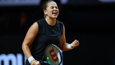 Jelena Ostapenko of Latvia reacts in final match against Aryna Sabalenka of Belarus during Porsche Tennis Grand Prix.
