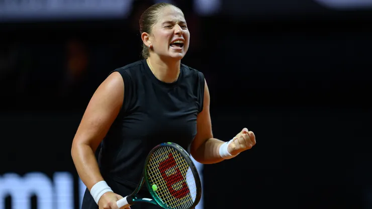 Jelena Ostapenko of Latvia reacts in final match against Aryna Sabalenka of Belarus during Porsche Tennis Grand Prix.