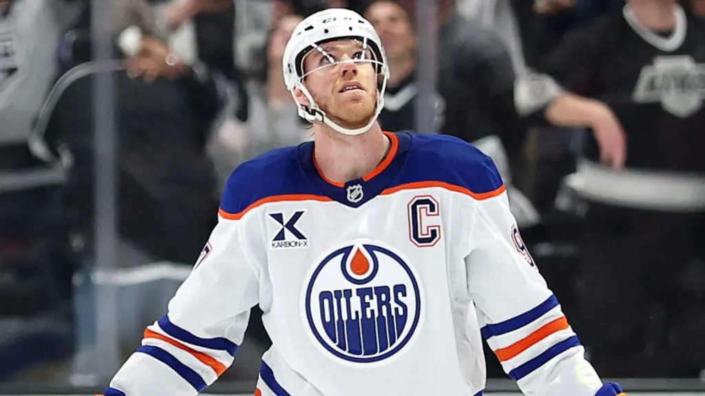 Connor McDavid #97 of the Edmonton Oilers reacts against the Los Angeles Kings on April 21, 2025 in Los Angeles, California. (Photo by Sean M. Haffey/Getty Images)