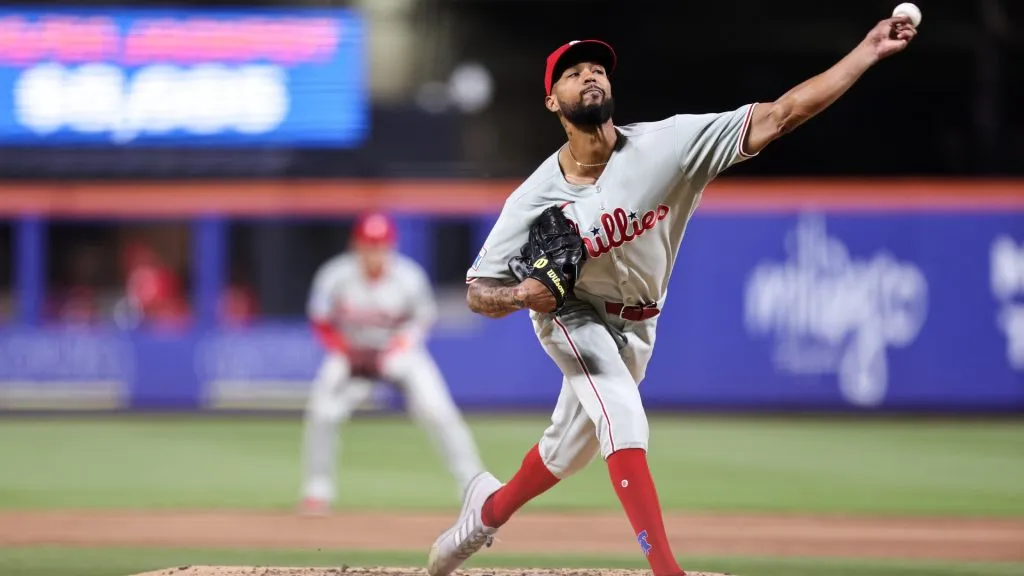 Cristopher Sánchez #61 of the Philadelphia Phillies throws a pitch during the second inning of the game against the New York Mets at Citi Field on April 22, 2025 in the Flushing neighborhood of the Queens borough of New York City. (Photo by Dustin Satloff/Getty Images)