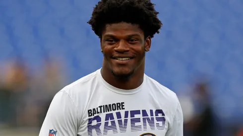 Lamar Jackson #8 of the Baltimore Ravens warms up prior to a preseason game against the Green Bay Packers at M&T Bank Stadium on August 15, 2019 in Baltimore, Maryland.