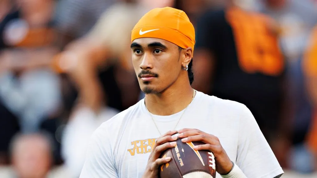 Nico Iamaleava #8 of the Tennessee Volunteers warms up before a game against the South Carolina Gamecocks at Neyland Stadium on September 30, 2023 in Knoxville, Tennessee.