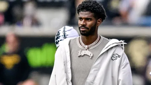 Former Colorado Buffaloes player Shedeur Sanders looks on from the sideline during the Black and Gold Spring Game at Folsom Field on April 19, 2025 in Boulder, Colorado.