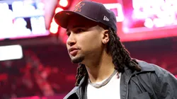 C. J. Stroud of the Houston Texans leaves the court after watching the Golden State Warriors defeat the Houston Rockets 95-85 in Game One of the Western Conference First Round NBA Playoffs at Toyota Center on April 20, 2025 in Houston, Texas.