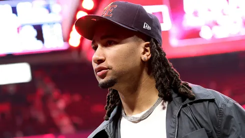 C. J. Stroud of the Houston Texans leaves the court after watching the Golden State Warriors defeat the Houston Rockets 95-85 in Game One of the Western Conference First Round NBA Playoffs at Toyota Center on April 20, 2025 in Houston, Texas.