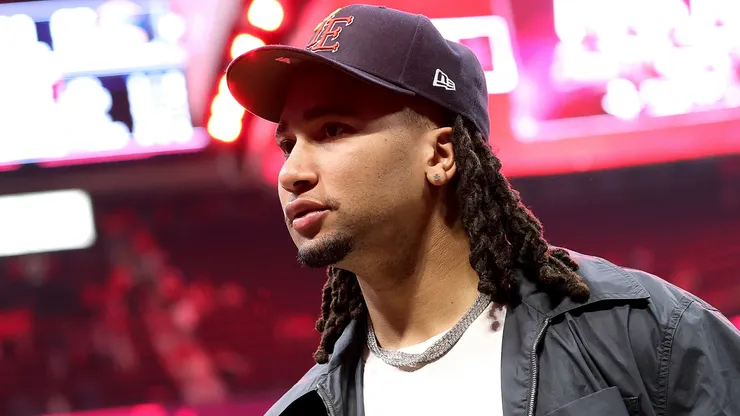 C. J. Stroud of the Houston Texans leaves the court after watching the Golden State Warriors defeat the Houston Rockets 95-85 in Game One of the Western Conference First Round NBA Playoffs at Toyota Center on April 20, 2025 in Houston, Texas.