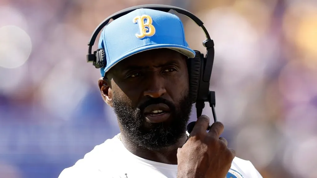 Head coach DeShaun Foster of the UCLA Bruins looks on during the first quarter of an NCAA football game against the LSU TIgers at Tiger Stadium on September 21, 2024 in Baton Rouge, Louisiana.