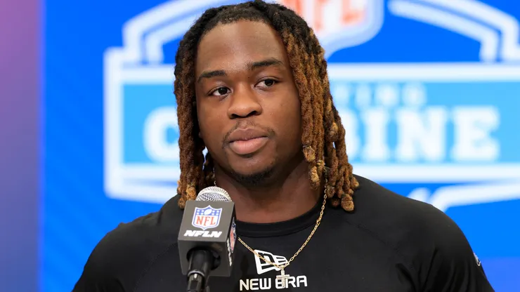 Ashton Jeanty #RB15 of Boise State speaks to the media during the NFL Combine at Lucas Oil Stadium on February 28, 2025.