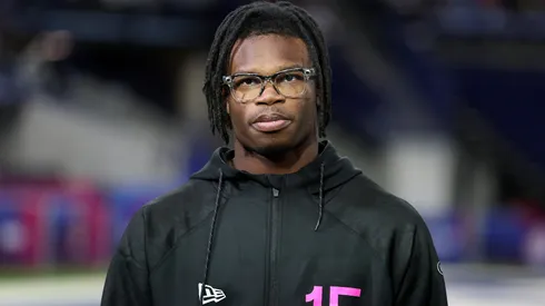 Travis Hunter DB15 of Colorado looks on during the NFL Scouting Combine at Lucas Oil Stadium on February 28, 2025.