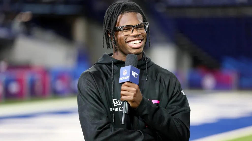 Travis Hunter #DB15 of Colorado looks on during the NFL Scouting Combine at Lucas Oil Stadium on February 28, 2025. (Source: Stacy Revere/Getty Images)