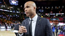 ESPN NBA analyst Richard Jefferson walks off the court to broadcast a semifinal game of the Emirates NBA Cup between the Houston Rockets and the Oklahoma City Thunder at T-Mobile Arena on December 14, 2024 in Las Vegas, Nevada. The Thunder defeated the Rockets 111-96.