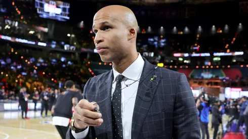 ESPN NBA analyst Richard Jefferson walks off the court to broadcast a semifinal game of the Emirates NBA Cup between the Houston Rockets and the Oklahoma City Thunder at T-Mobile Arena on December 14, 2024 in Las Vegas, Nevada. The Thunder defeated the Rockets 111-96.