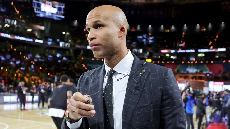 ESPN NBA analyst Richard Jefferson walks off the court to broadcast a semifinal game of the Emirates NBA Cup between the Houston Rockets and the Oklahoma City Thunder at T-Mobile Arena on December 14, 2024 in Las Vegas, Nevada. The Thunder defeated the Rockets 111-96.