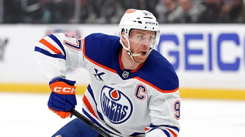 Connor McDavid #97 of the Edmonton Oilers skates with the puck against the Los Angeles Kings during the first period in Game One of the First Round of the 2025 Stanley Cup Playoffs at Crypto.com Arena on April 21, 2025 in Los Angeles, California.
