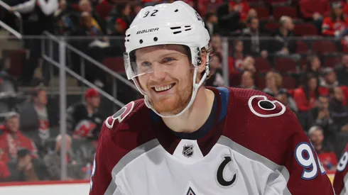 Gabriel Landeskog #92 of the Colorado Avalanche celebrates his hat trick goal at 16:38 of the third period against the New Jersey Devils at the Prudential Center on October 18, 2018.