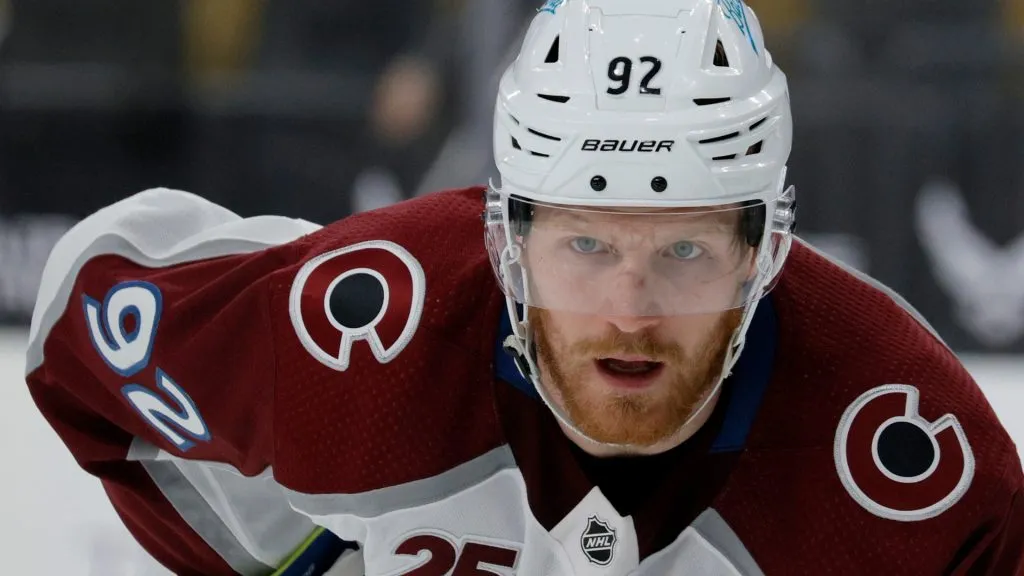 Gabriel Landeskog #92 of the Colorado Avalanche waits for a faceoff in the first period of a game against the Vegas Golden Knights at T-Mobile Arena on May 10, 2021. (Source: Ethan Miller/Getty Images)