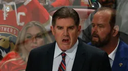 Head coach Peter Laviolette of the Washington Capitals reacts during third period action against the Florida Panthers in Game Two of the First Round of the 2022 NHL Stanley Cup Playoffs at the FLA Live Arena on May 5, 2022 in Sunrise, Florida.