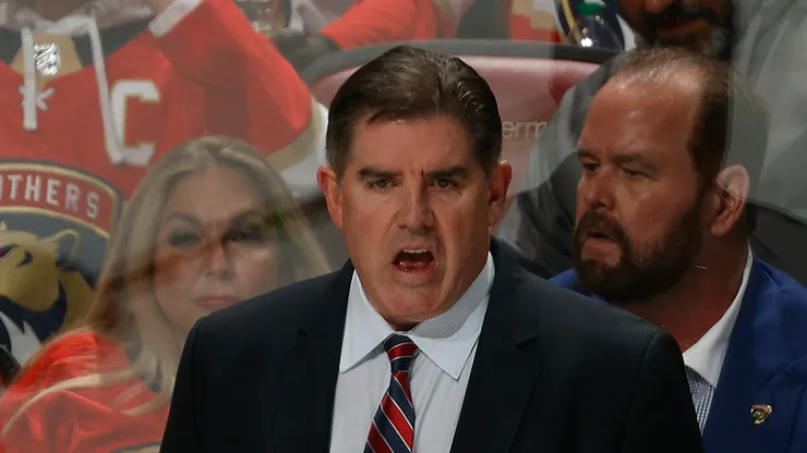 Head coach Peter Laviolette of the Washington Capitals reacts during third period action against the Florida Panthers in Game Two of the First Round of the 2022 NHL Stanley Cup Playoffs at the FLA Live Arena on May 5, 2022 in Sunrise, Florida.