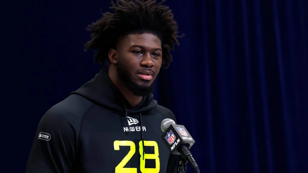 Jalon Walker #LB28 of Georgia speaks to the media during the 2025 NFL Combine at the Indiana Convention Center on February 26, 2025. (Source: Justin Casterline/Getty Images)