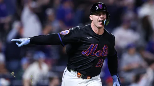 Pete Alonso #20 of the New York Mets points to the dugout after hitting an RBI double during the seventh inning of the game against the Philadelphia Phillies at Citi Field on April 22, 2025 in the Flushing neighborhood of the Queens borough of New York City.
