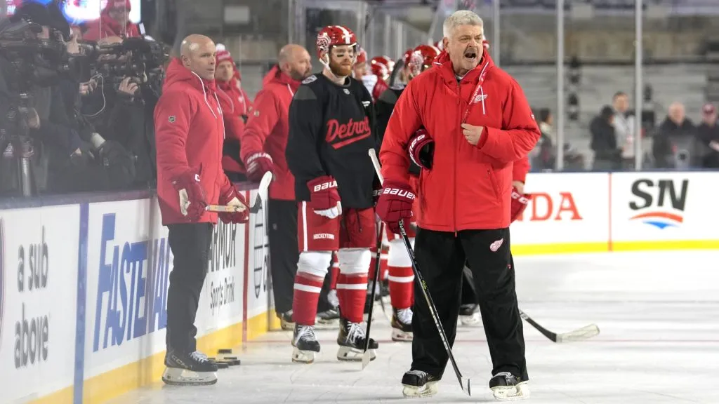 Head coach Todd McLellan of the Detroit Red Wings reacts during practice at Ohio Stadium. (Photo by Jason Mowry/Getty Images)