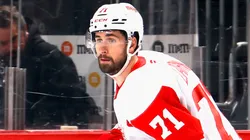 Dylan Larkin #71 of the Detroit Red Wings skates against the New Jersey Devils at Prudential Center on April 16, 2025 in Newark, New Jersey.