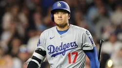 Shohei Ohtani #17 of the Los Angeles Dodgers reacts after striking out during the ninth inning against the Chicago Cubs at Wrigley Field on April 23, 2025 in Chicago, Illinois.