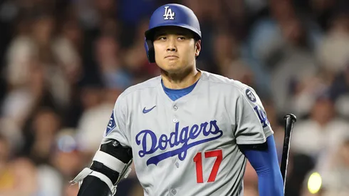 Shohei Ohtani #17 of the Los Angeles Dodgers reacts after striking out during the ninth inning against the Chicago Cubs at Wrigley Field on April 23, 2025 in Chicago, Illinois.
