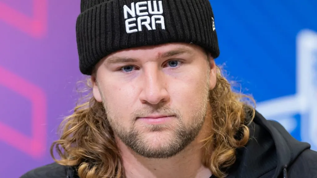 Tyler Warren of Penn State speaks to the media during the 2025 NFL Scouting Combine at Lucas Oil Stadium on February 27, 2025. (Source: Michael Hickey/Getty Images)