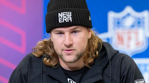 Tyler Warren of Penn State speaks to the media during the 2025 NFL Scouting Combine at Lucas Oil Stadium on February 27, 2025.
