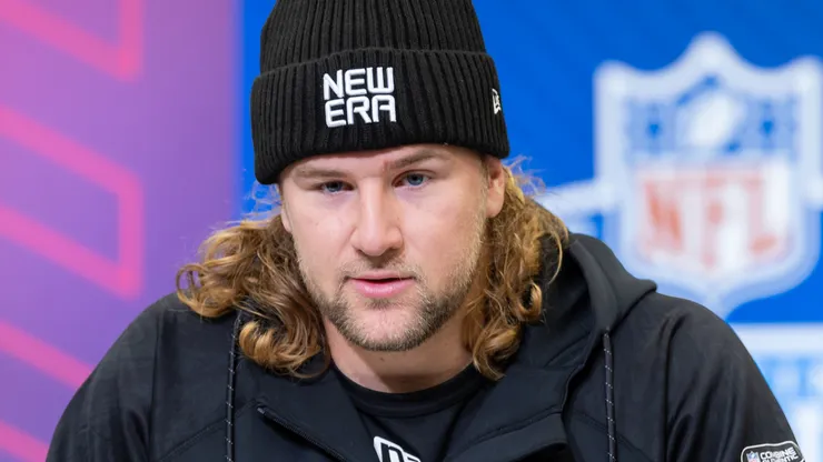 Tyler Warren of Penn State speaks to the media during the 2025 NFL Scouting Combine at Lucas Oil Stadium on February 27, 2025.