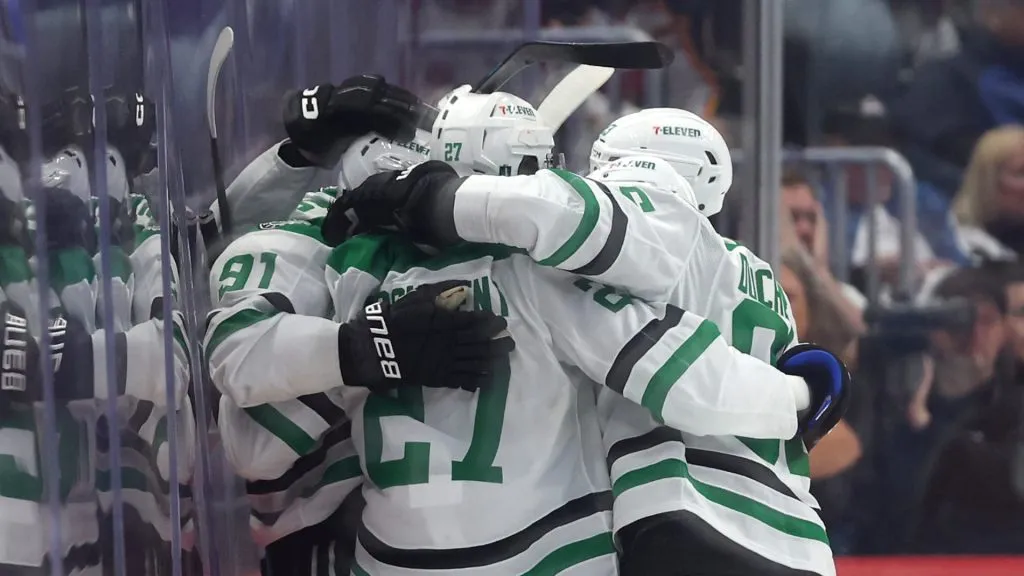 The Dallas Stars celebrate an overtime win after a goal by Tyler Seguin #91 against the Colorado Avalanche in Game Three of the First Round of the 2025 Stanley Cup Playoffs at Ball Arena on April 23, 2025 in Denver, Colorado.