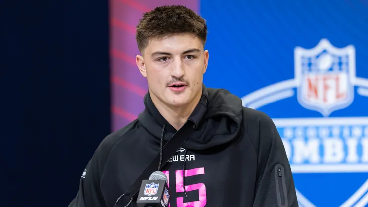 Colston Loveland of Michigan speaks to the media during the 2025 NFL Scouting Combine at Lucas Oil Stadium on February 27, 2025.