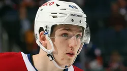 Lane Hutson #48 of the Montreal Canadiens skates against the New York Islanders at UBS Arena on March 20, 2025 in Elmont, New York.