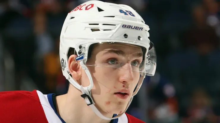 Lane Hutson #48 of the Montreal Canadiens skates against the New York Islanders at UBS Arena on March 20, 2025 in Elmont, New York.