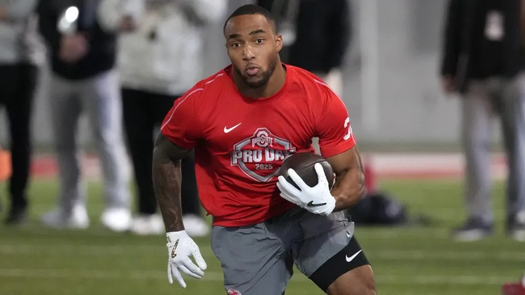 TreVeyon Henderson #32 of the Ohio State Buckeyes participates in a drill during Ohio State Pro Day at Woody Hayes Athletic Center on March 26, 2025. (Source: Jason Mowry/Getty Images)