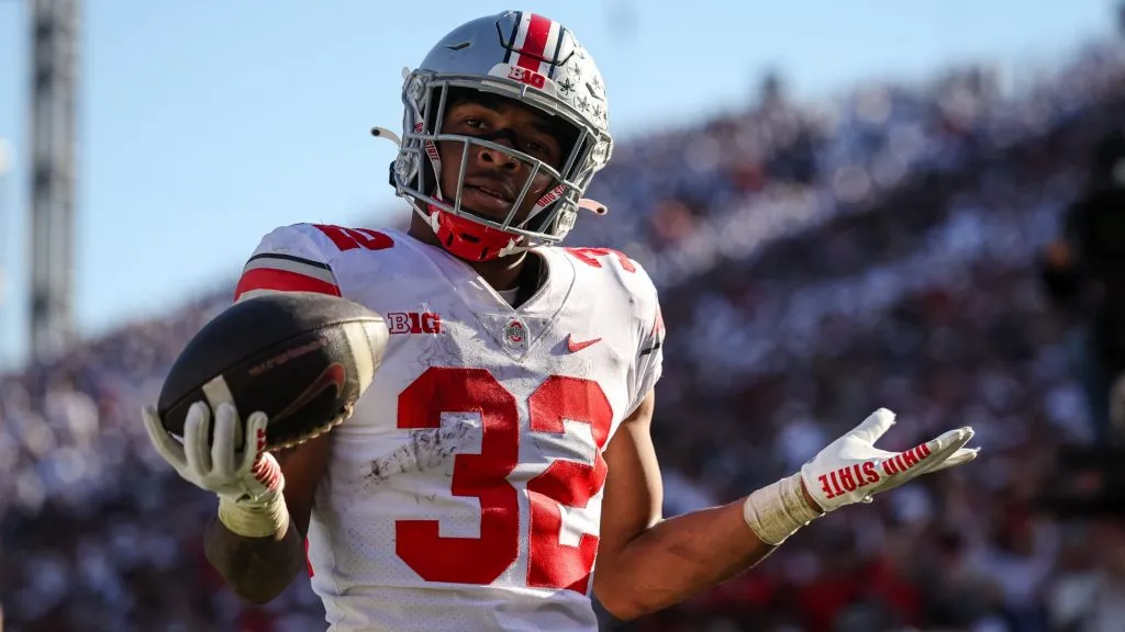 TreVeyon Henderson #32 of the Ohio State Buckeyes reacts after scoring a touchdown against the Penn State Nittany Lions during the second half on October 29, 2022. (Source: Scott Taetsch/Getty Images)
