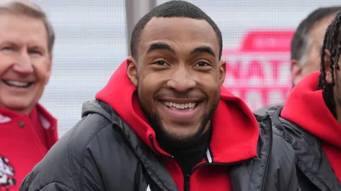 Running back TreVeyon Henderson look on during the NCAA Football Championship celebration in 2025.