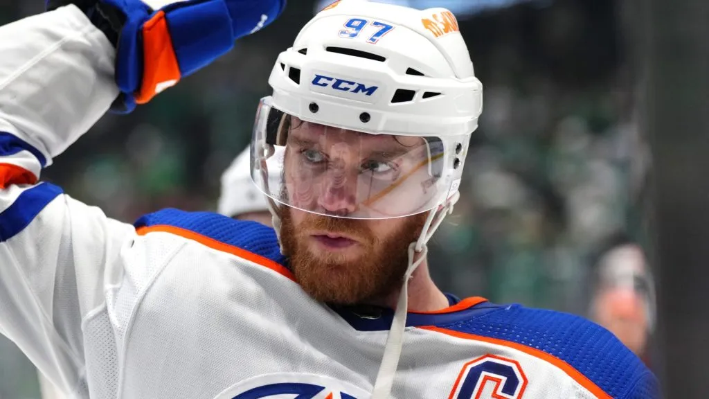 Connor McDavid #97 of the Edmonton Oilers reacts after his game winning goal against the Dallas Stars during the second overtime in Game One of the Western Conference Final of the 2024 Stanley Cup Playoffs at American Airlines Center on May 23, 2024 in Dallas, Texas.